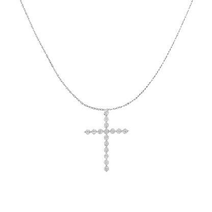 Front view of a white metal necklace with a cross-shaped pendant set with round white gemstones.