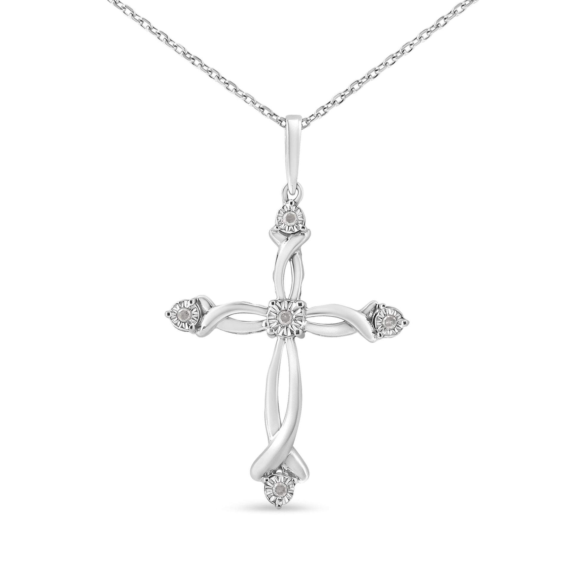 Front view of a white metal cross necklace with five round white gemstones set in a miracle setting.