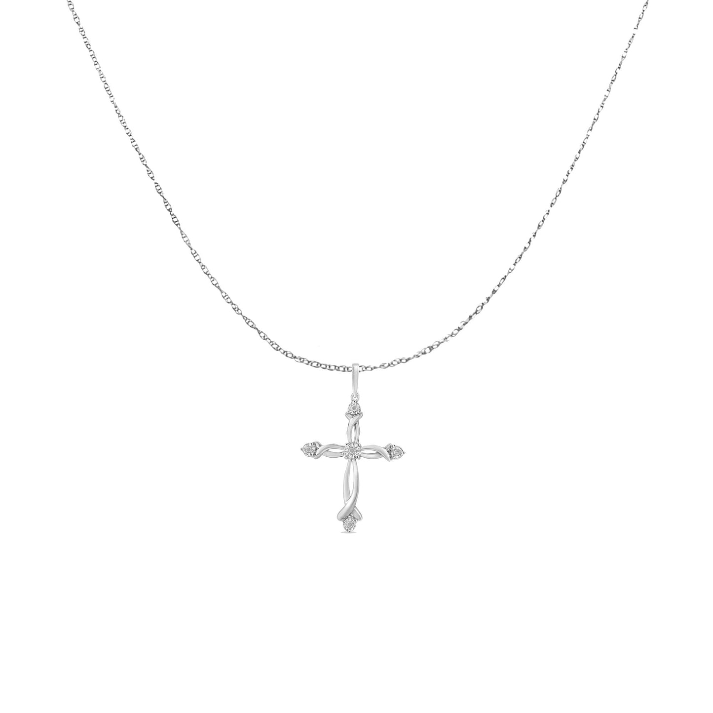 Front angle view of a white metal necklace with a cross pendant featuring five round white gemstones in a miracle setting.
