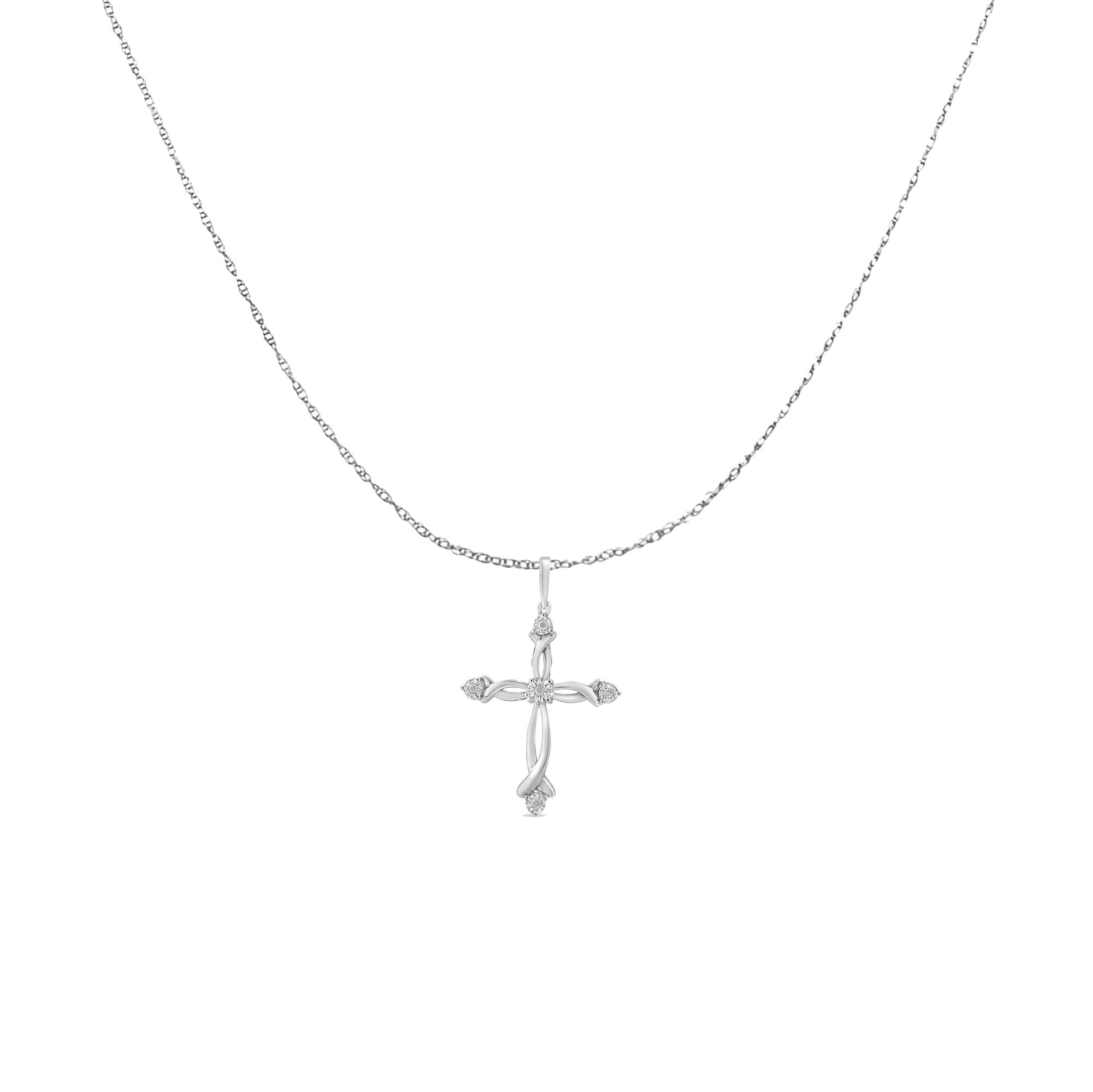 Front angle view of a white metal necklace with a cross pendant featuring five round white gemstones in a miracle setting.