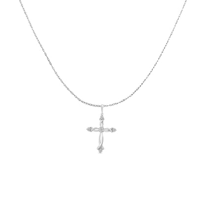 Front angle view of a white metal necklace with a cross pendant featuring five round white gemstones in a miracle setting.