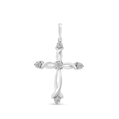 Front view of a white metal cross-shaped necklace pendant with five round white gemstones set in a miracle setting.
