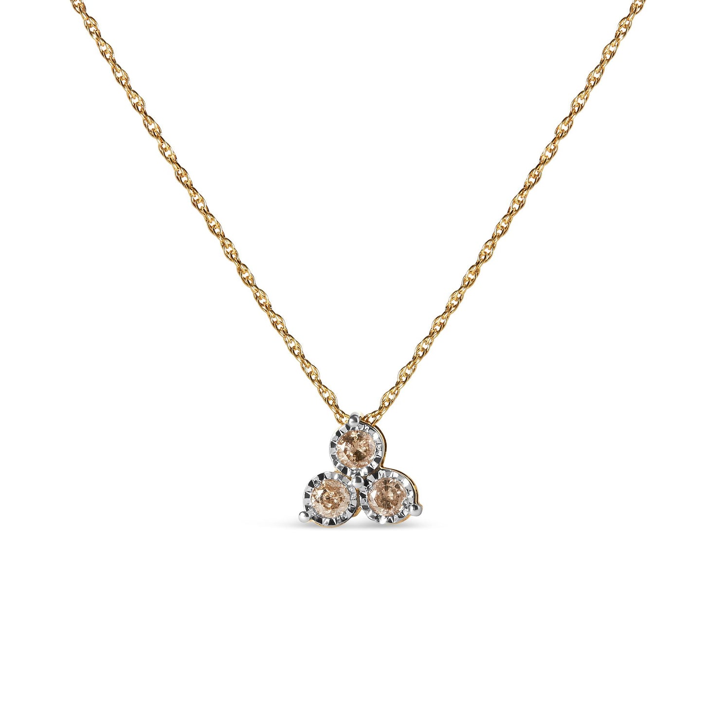 Front view of a yellow and white metal necklace with a pendant featuring three round prong-set white gemstones arranged in a triangular cluster.