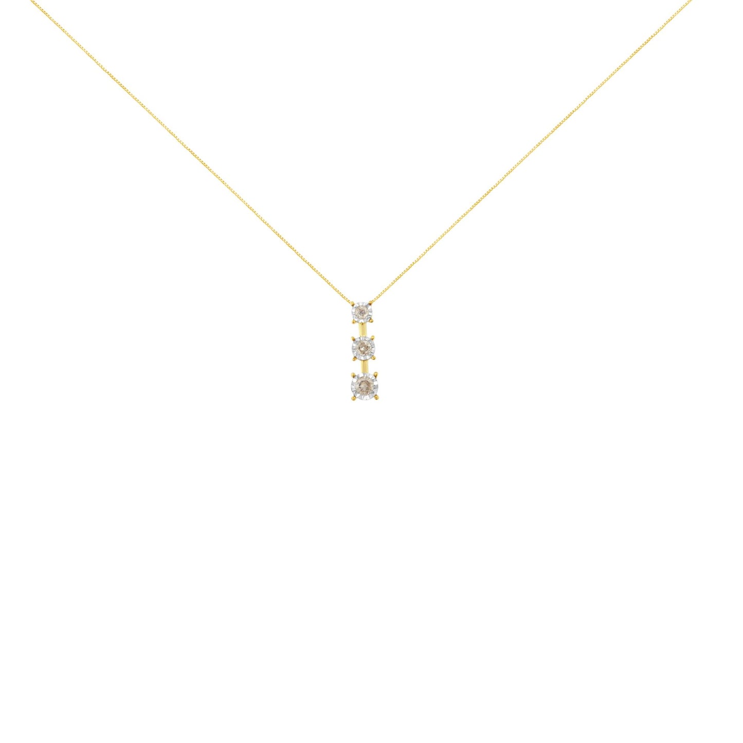 Front view of a necklace with a yellow chain and a vertical pendant featuring three round white gemstones in miracle settings with white metal prongs.