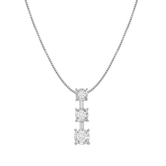 Front view of a white metal necklace with a vertical pendant featuring three round white gemstones in a miracle setting.