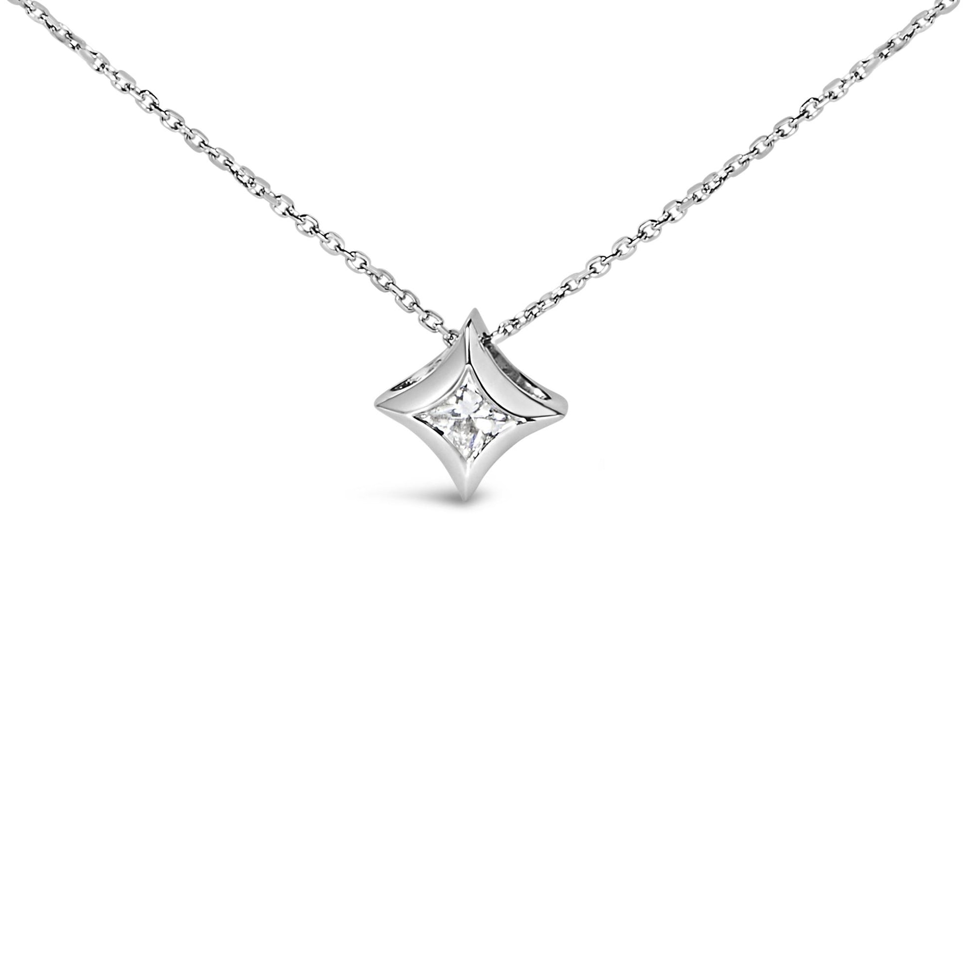 Front view of a white necklace with a star-shaped pendant featuring a princess-shaped white gemstone in bezel setting.