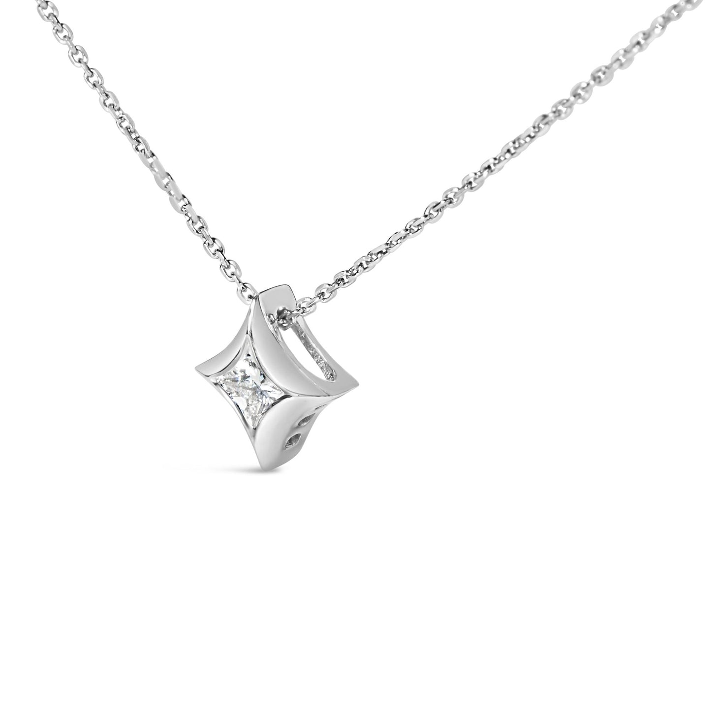 White metal necklace with a curved square-shaped pendant featuring a bezel-set princess shape white gemstone, shown at a slight angle.
