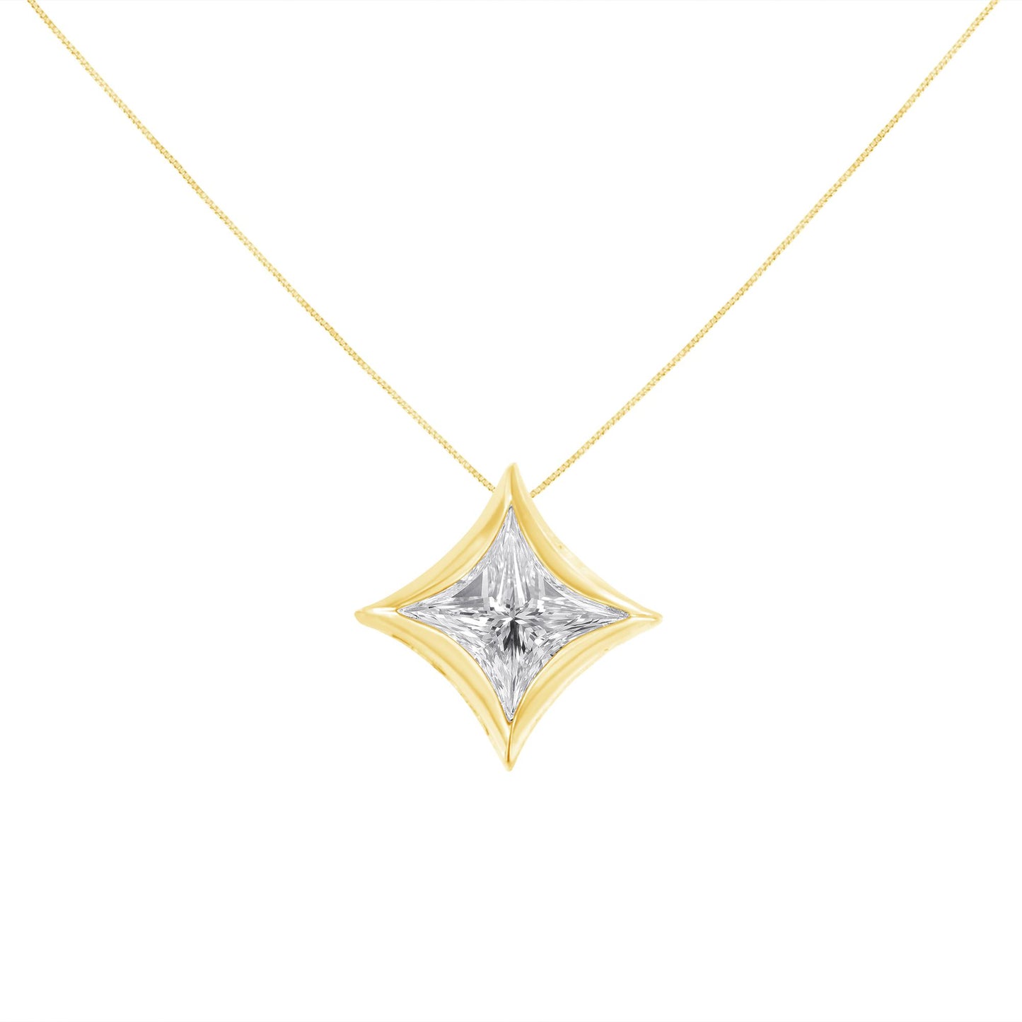 Front view of a yellow necklace with a star-shaped pendant featuring a single white princess-cut gemstone in an invisible setting.