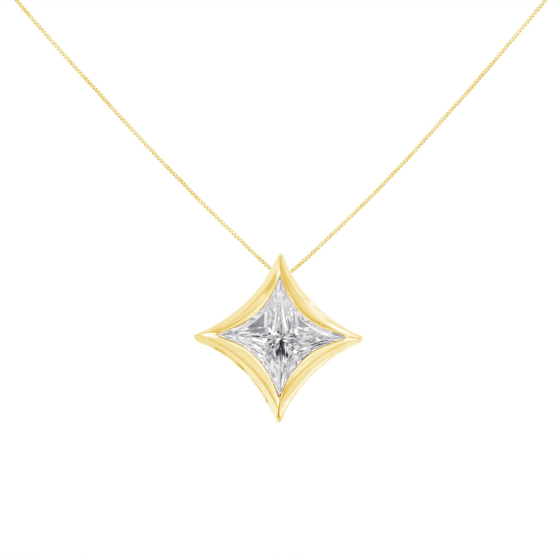 Front view of a yellow necklace with a star-shaped pendant featuring a single white princess-cut gemstone in an invisible setting.