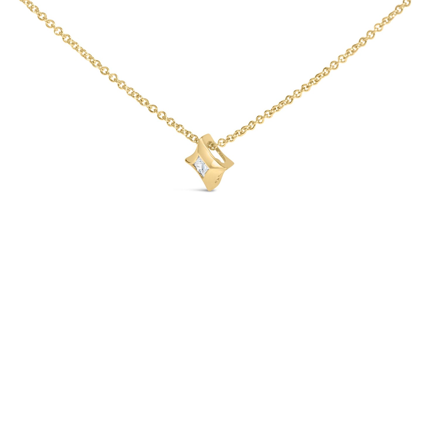 Front angle shot of a yellow necklace with a curved square pendant featuring a centrally set white princess-shaped gemstone.