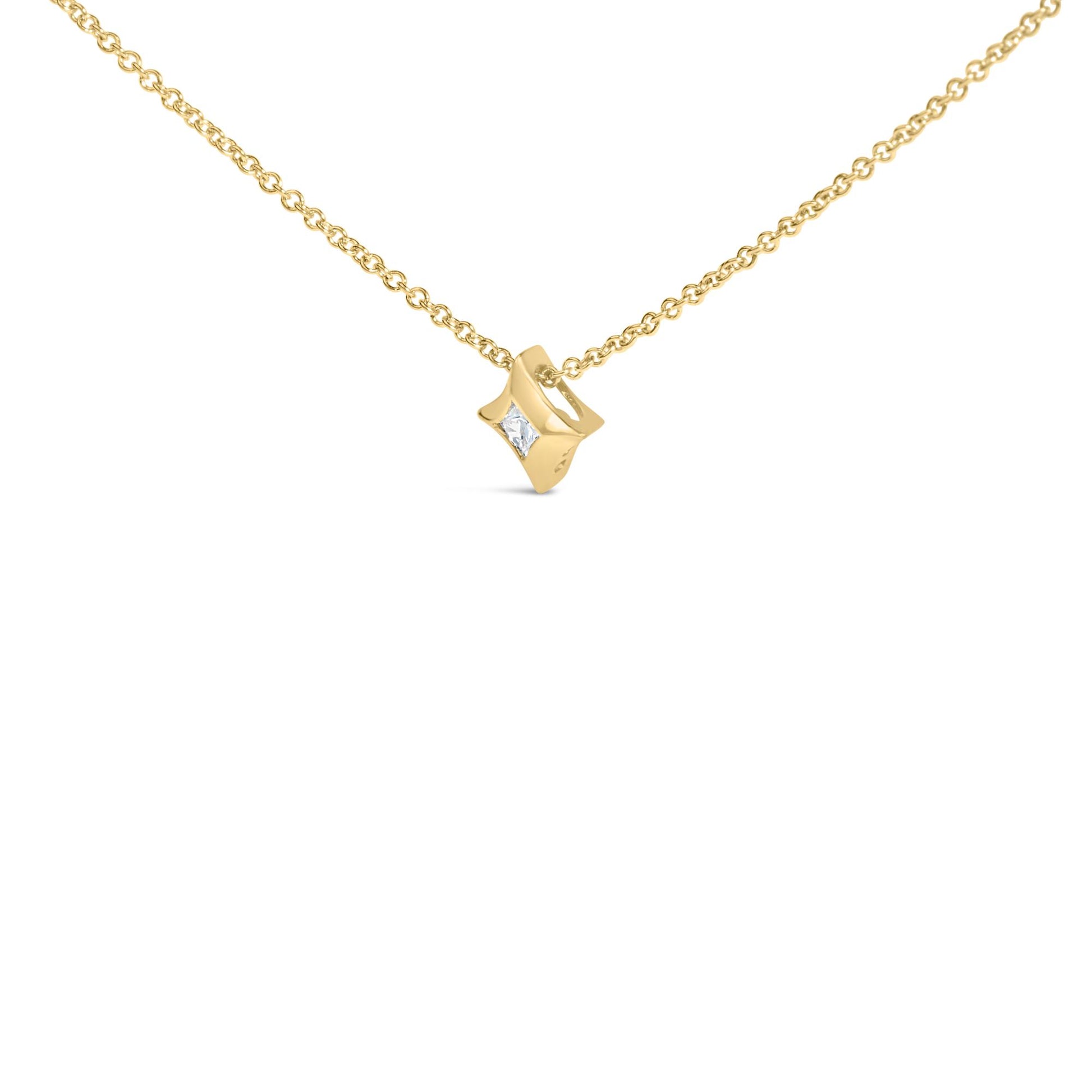 Front angle shot of a yellow necklace with a curved square pendant featuring a centrally set white princess-shaped gemstone.