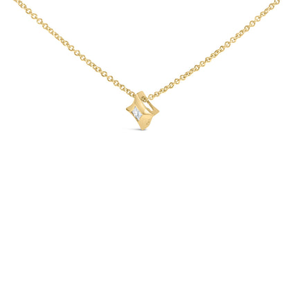 Front angle shot of a yellow necklace with a curved square pendant featuring a centrally set white princess-shaped gemstone.