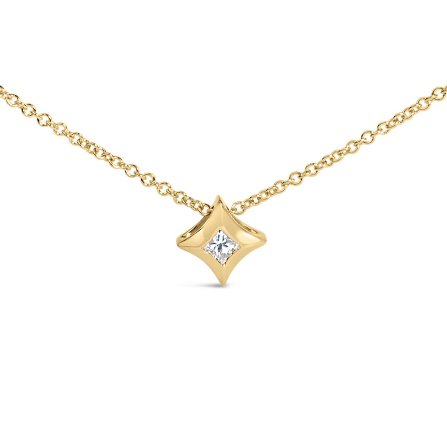 Front-facing shot of a yellow metal necklace with a diamond-shaped pendant featuring a single white gemstone set invisibly in the center.