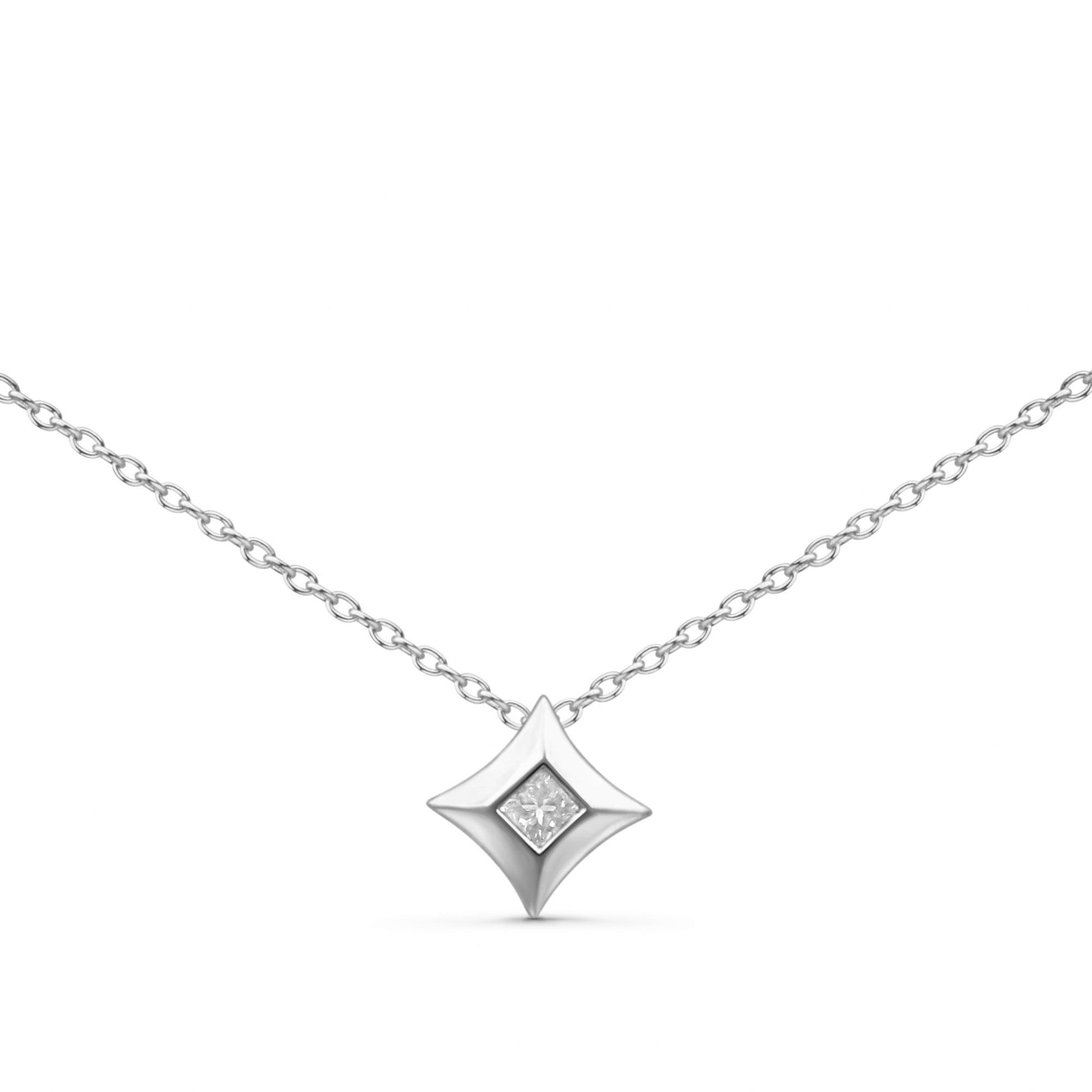 Front view of a white necklace with a diamond-shaped pendant featuring a single princess-cut white gemstone in a channel setting, displayed on a white background.
