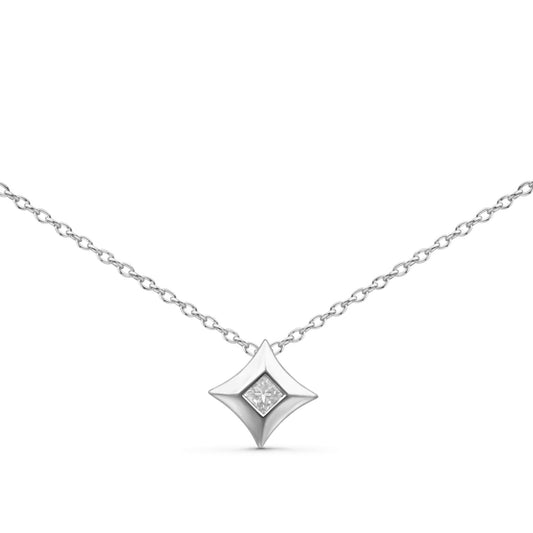 Front view of a white necklace with a diamond-shaped pendant featuring a single princess-cut white gemstone in a channel setting, displayed on a white background.