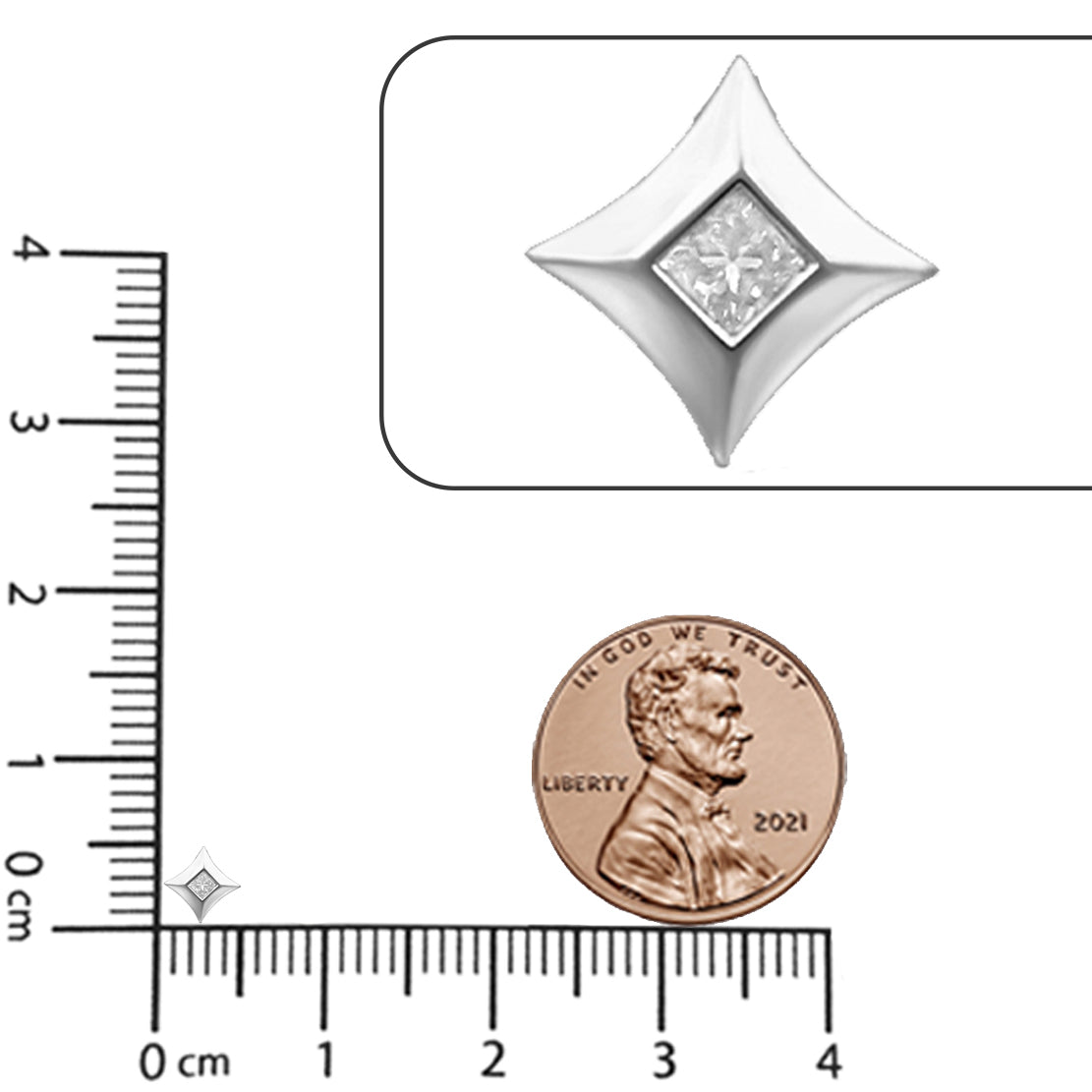 White necklace pendant with a princess-shaped white gemstone in a channel setting, shown in a top-down close-up inset and on a scale with a coin for size reference.