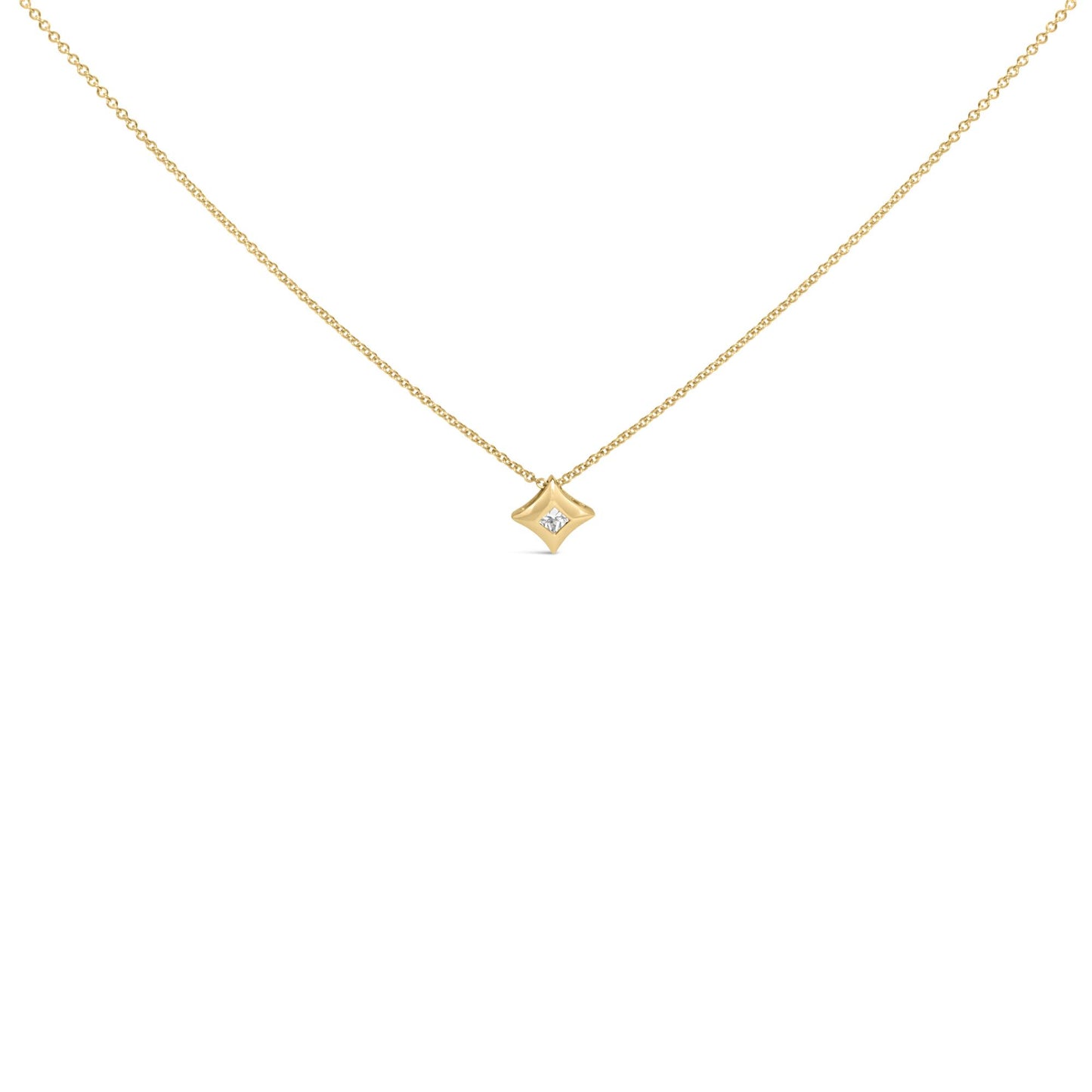 Yellow necklace with a princess-shaped white gemstone in bezel setting, shown from the front on a white background.