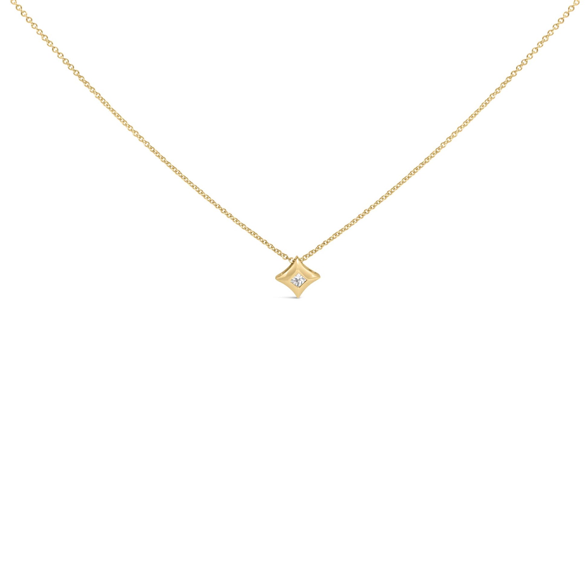 Yellow necklace with a princess-shaped white gemstone in bezel setting, shown from the front on a white background.