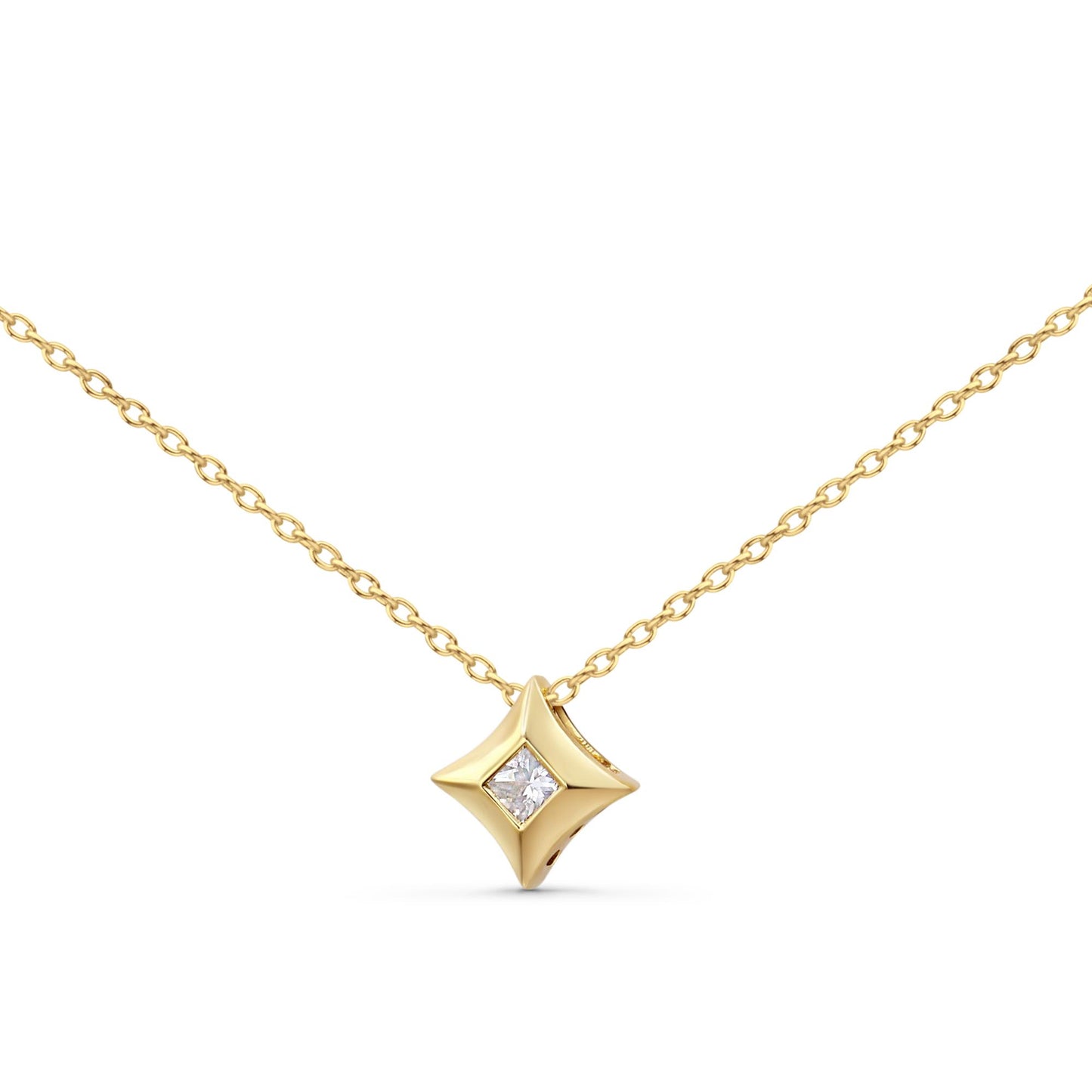 Yellow necklace with a star-shaped pendant featuring a white princess-shaped gemstone in bezel setting, shown in a front-centered close-up angle on a white background.