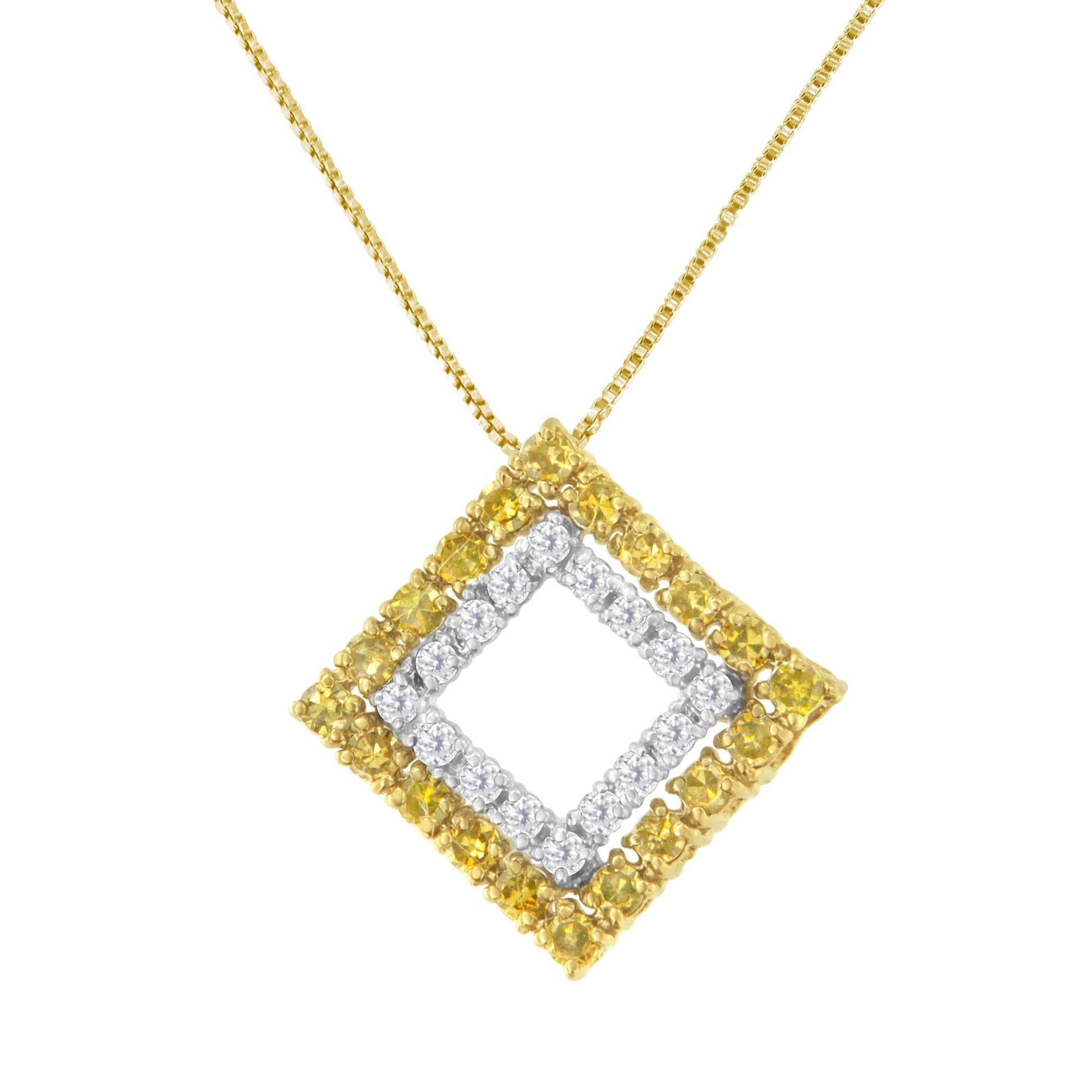 Close-up front angle of a square-shaped necklace pendant featuring two rows of round prong-set gemstones; an inner row of white gemstones set in white metal and an outer row of yellow gemstones set in yellow metal.