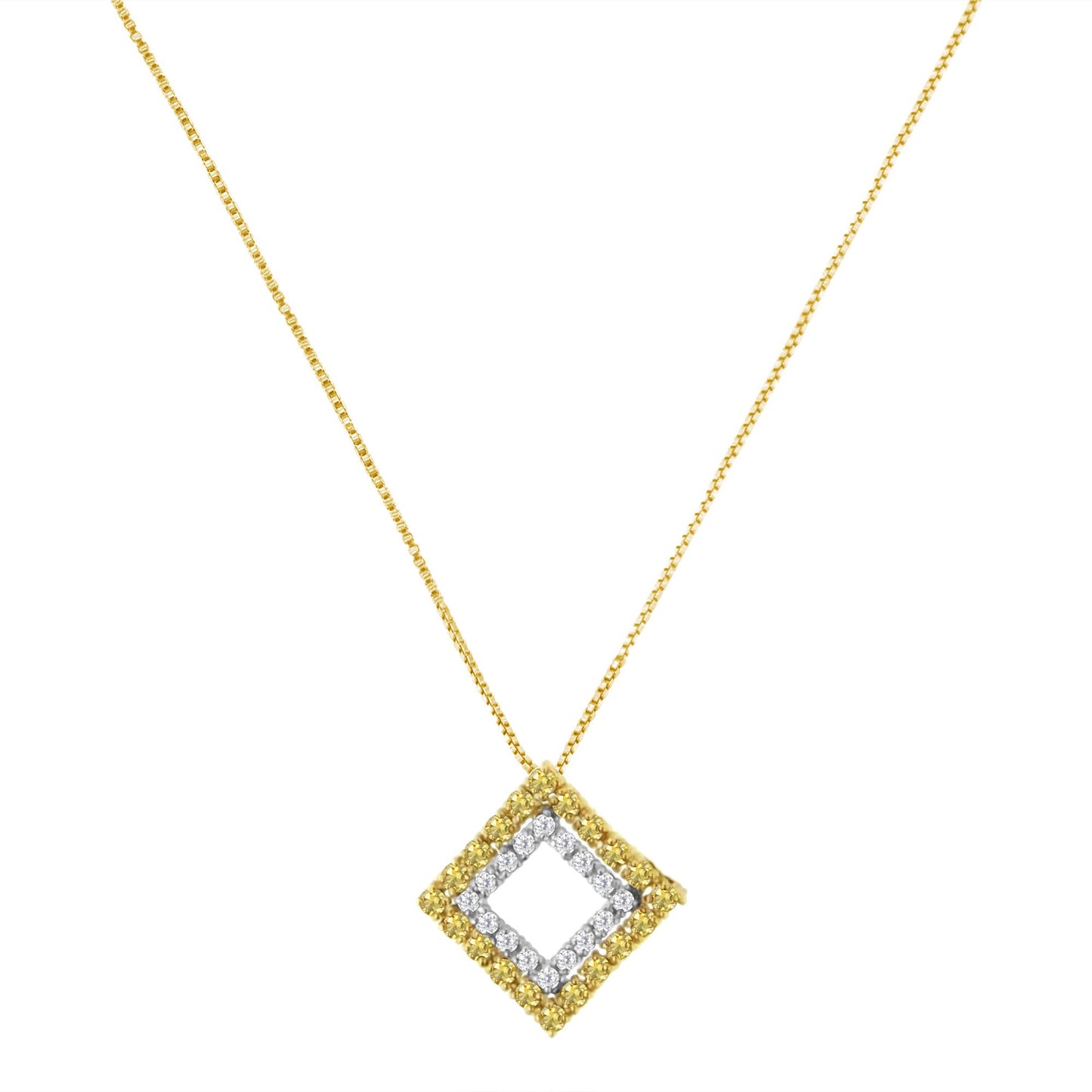 Front view of a necklace with a diamond-shaped pendant featuring two rows of round prong-set gemstones; outer row is yellow and inner row is white, on a yellow metal chain.