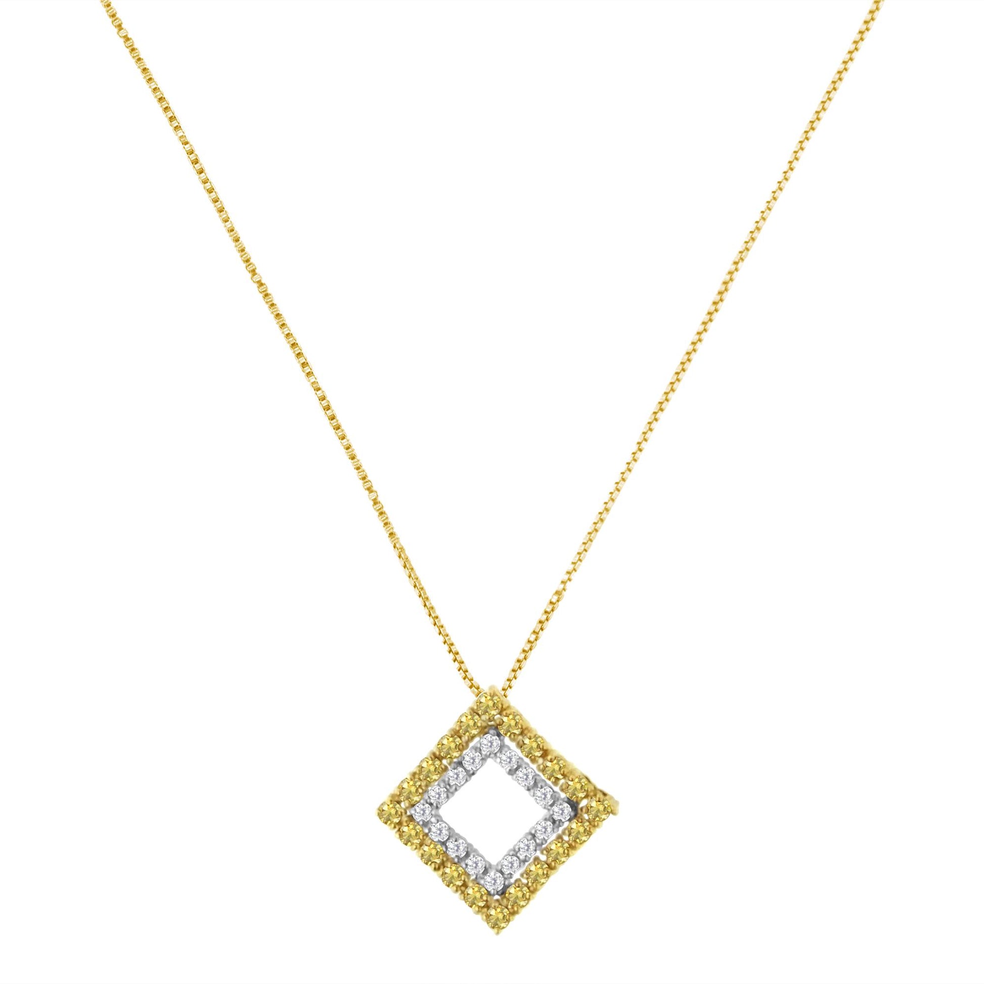 Front view of a necklace with a diamond-shaped pendant featuring two rows of round prong-set gemstones; outer row is yellow and inner row is white, on a yellow metal chain.