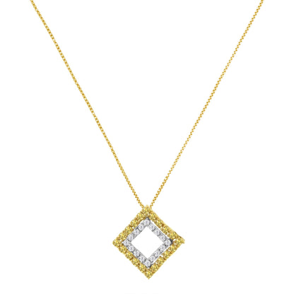 Front view of a necklace with a diamond-shaped pendant featuring two rows of round prong-set gemstones; outer row is yellow and inner row is white, on a yellow metal chain.