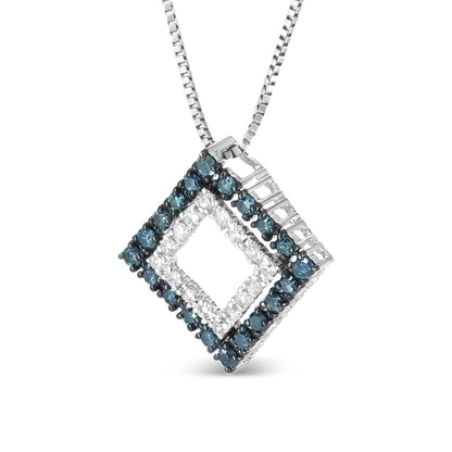 Close-up angled view of a white metal square pendant necklace featuring two rows of round prong-set gemstones, an inner row of white gemstones and an outer row of blue gemstones.