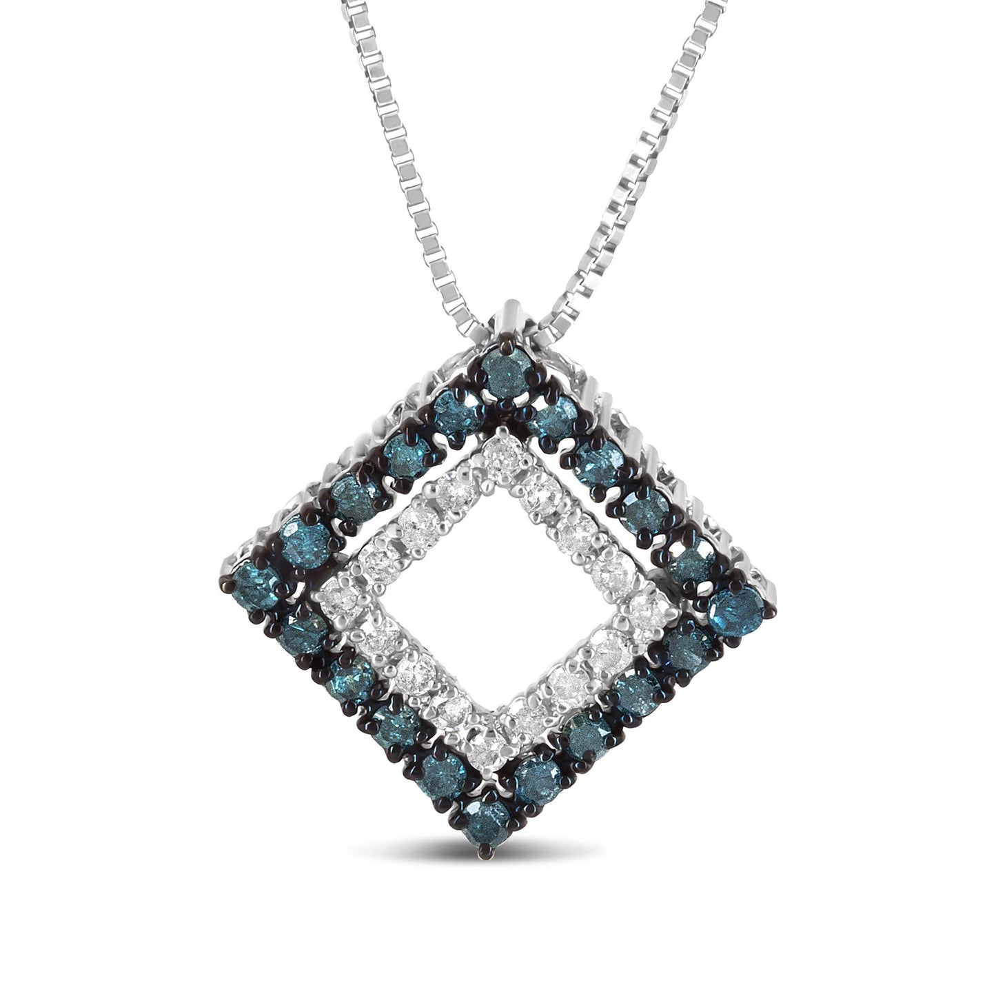 Close-up front view of a white metal necklace pendant featuring two square frames, the inner set with white gemstones and the outer set with blue gemstones, both in prong settings.