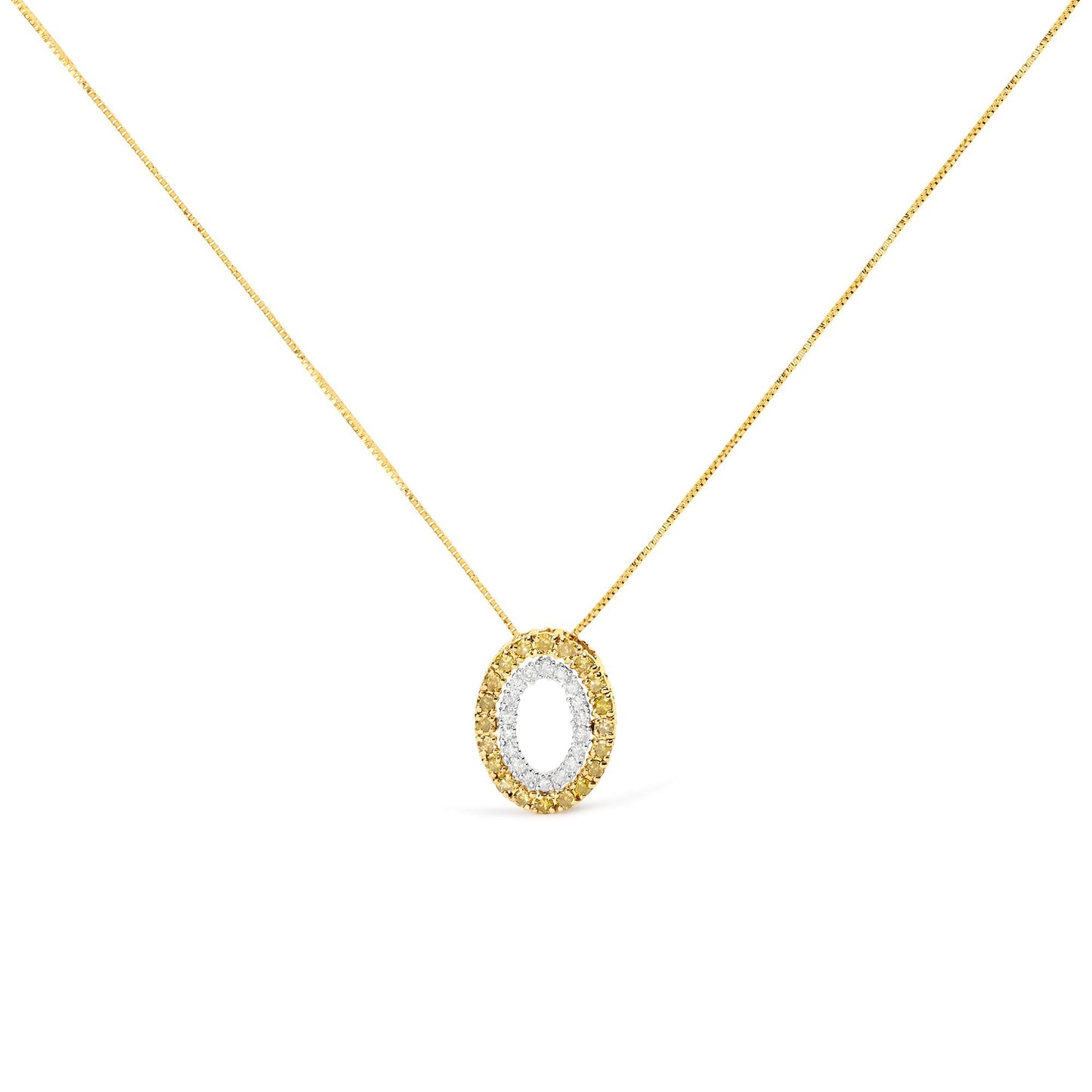 Front-facing shot of a two-tone oval pendant necklace featuring prong-set round white gemstones in the center and prong-set round yellow gemstones surrounding the center on a yellow chain.