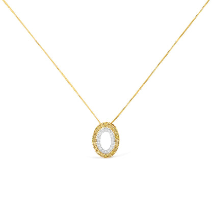 Front-facing shot of a two-tone oval pendant necklace featuring prong-set round white gemstones in the center and prong-set round yellow gemstones surrounding the center on a yellow chain.