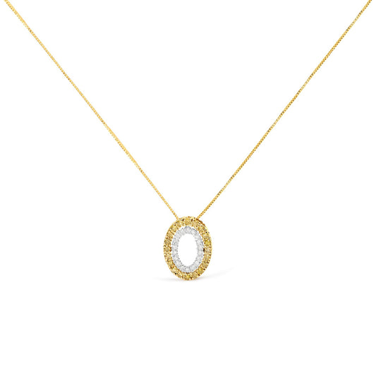 Front-facing shot of a two-tone oval pendant necklace featuring prong-set round white gemstones in the center and prong-set round yellow gemstones surrounding the center on a yellow chain.