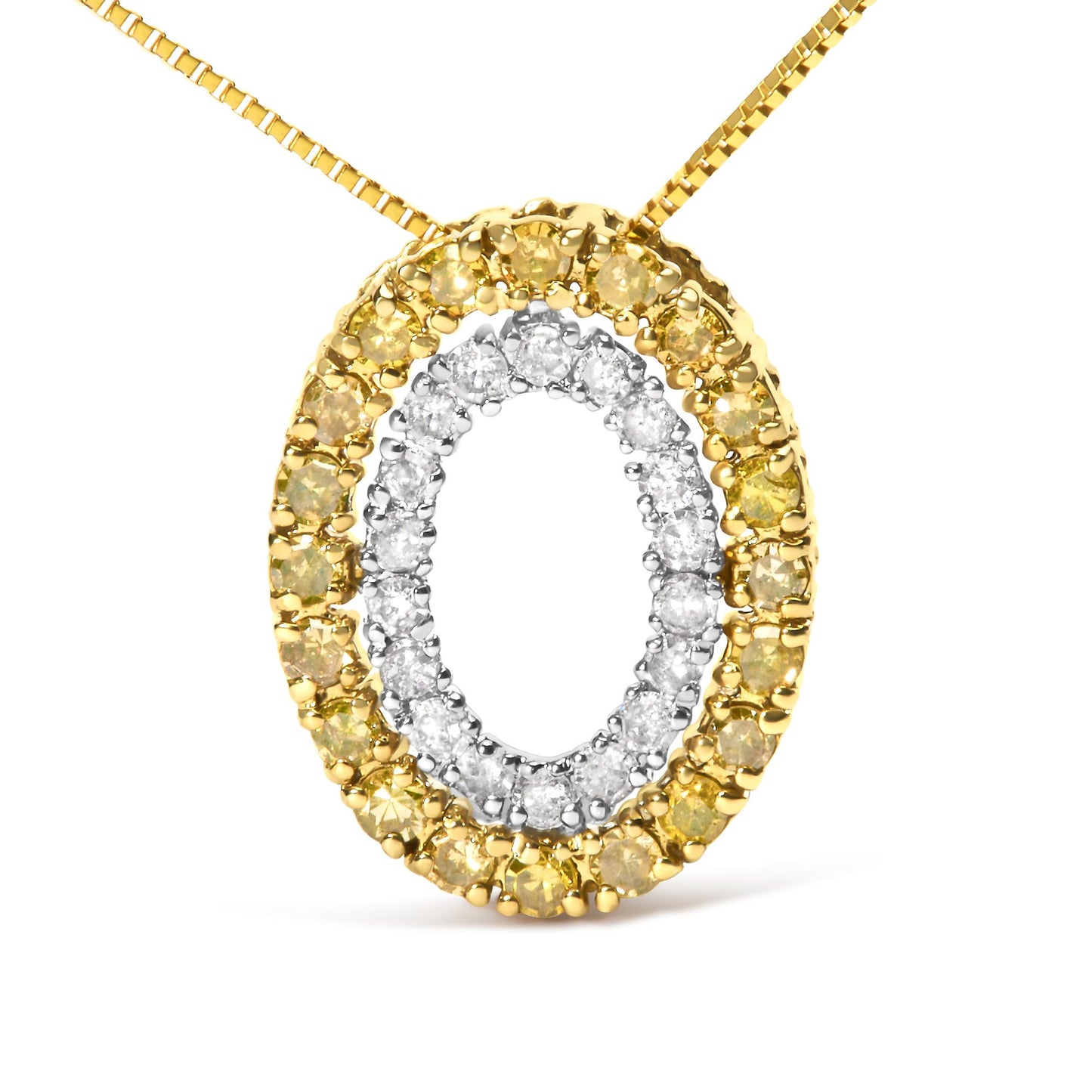 Close-up front view of a yellow and white metal pendant necklace featuring two concentric oval rows of prong-set round yellow and white gemstones.