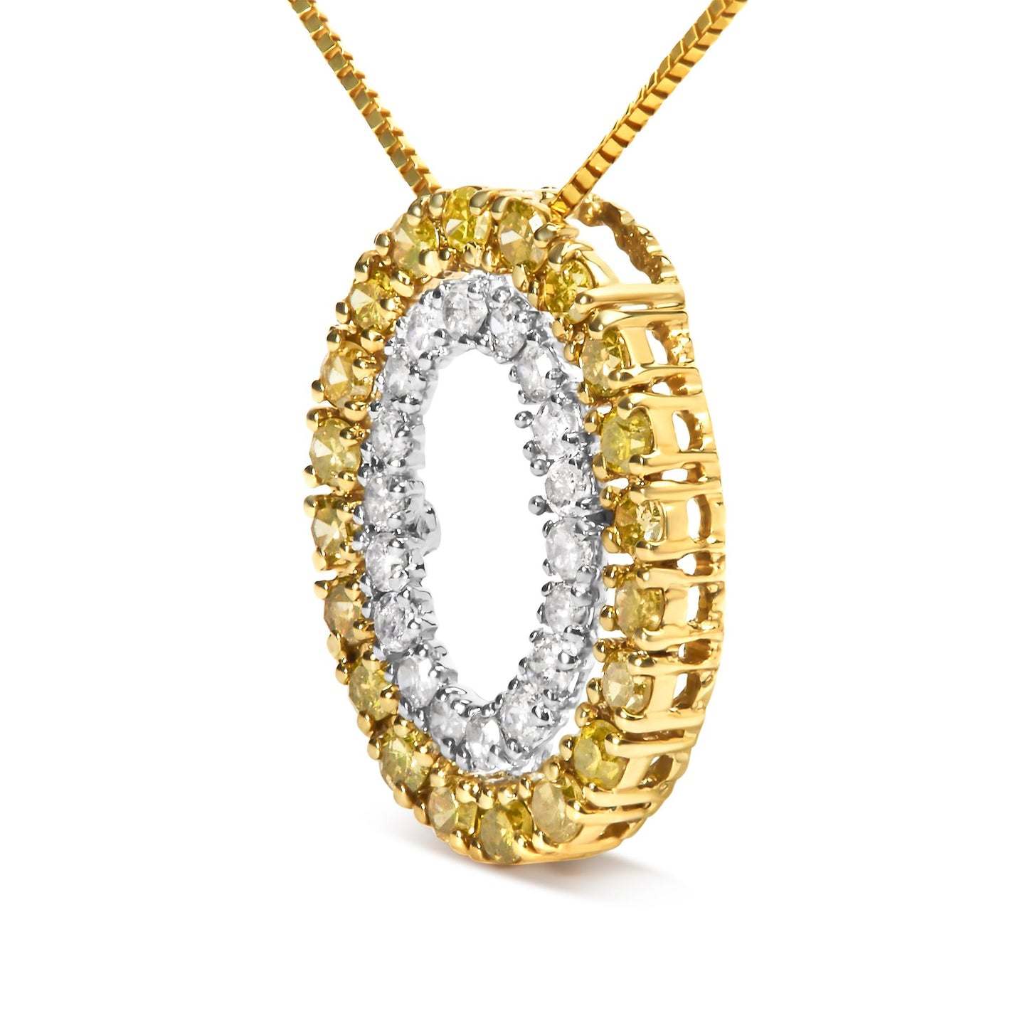 Close-up front angle of an oval yellow and white metal necklace pendant with an inner circle of white gemstones and an outer circle of yellow gemstones, hanging from a box chain.