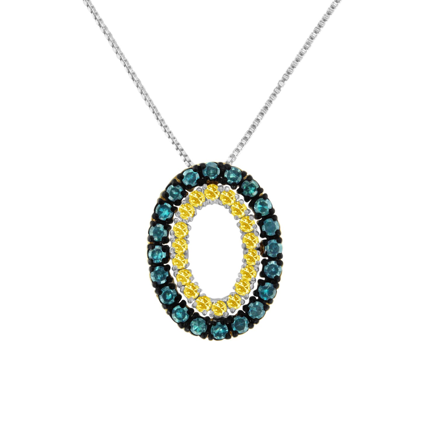 Front-facing shot of a yellow metal necklace with an oval pendant featuring two rows of round prong-set blue and yellow gemstones.