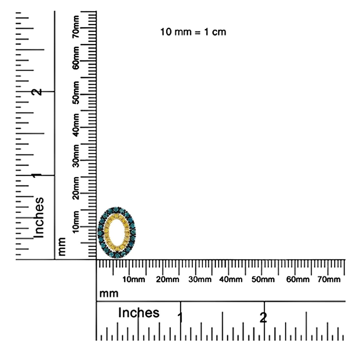 Top-down view of a yellow metal oval-shaped necklace pendant with an inner row of yellow round prong-set gemstones and an outer row of blue round prong-set gemstones, placed on a ruler for size reference.
