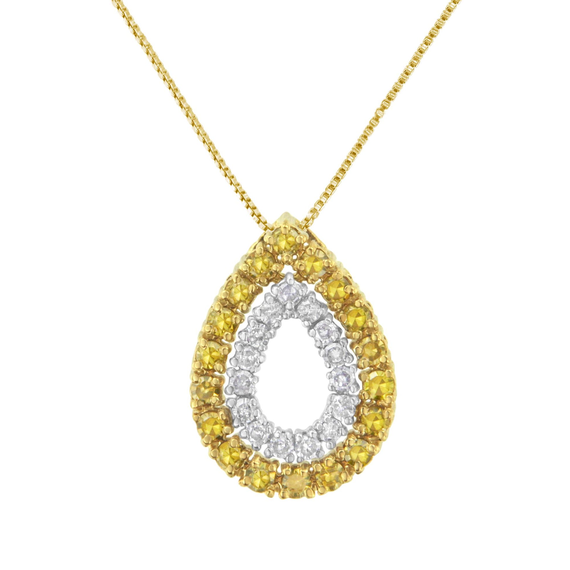Front-facing close-up of a teardrop-shaped necklace pendant with an outer row of yellow gemstones and an inner row of white gemstones, hanging from a yellow chain.