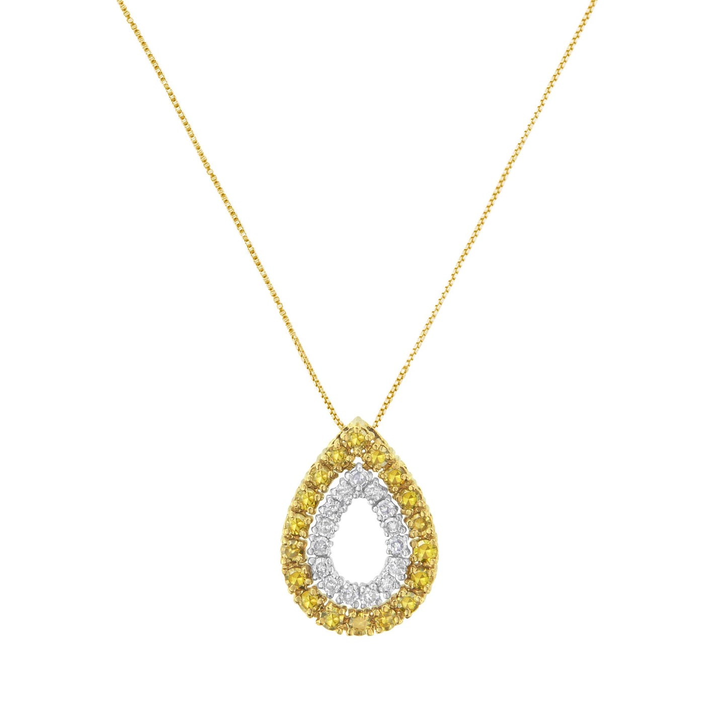 Front-facing shot of a yellow and white metal necklace with a teardrop-shaped pendant featuring an outer row of yellow gemstones and an inner row of white gemstones.