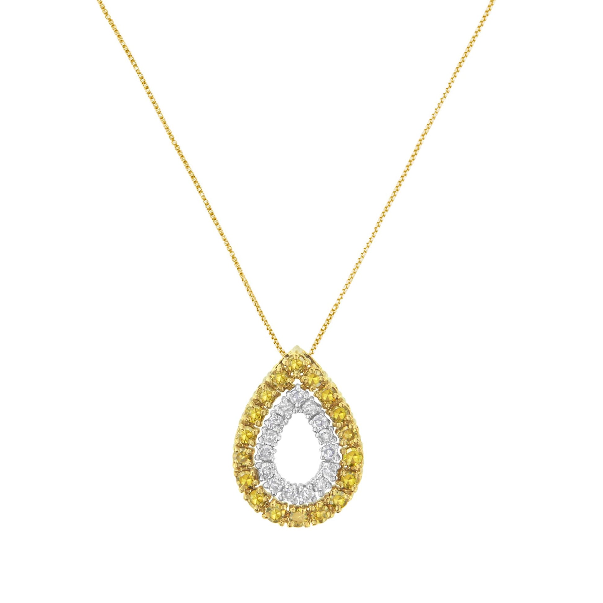 Front-facing shot of a yellow and white metal necklace with a teardrop-shaped pendant featuring an outer row of yellow gemstones and an inner row of white gemstones.