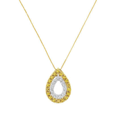Front-facing shot of a yellow and white metal necklace with a teardrop-shaped pendant featuring an outer row of yellow gemstones and an inner row of white gemstones.