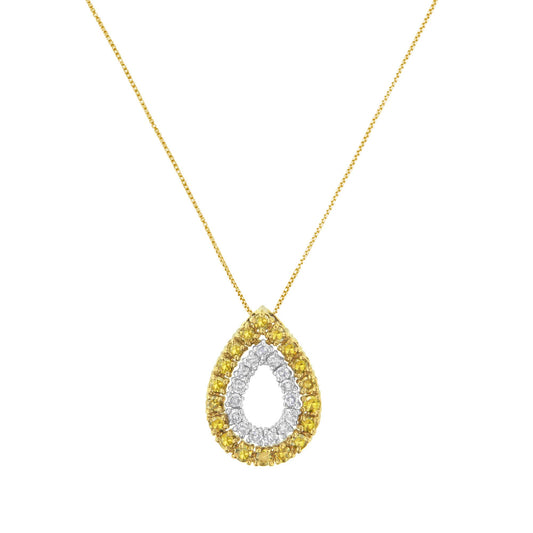 Front-facing shot of a yellow and white metal necklace with a teardrop-shaped pendant featuring an outer row of yellow gemstones and an inner row of white gemstones.