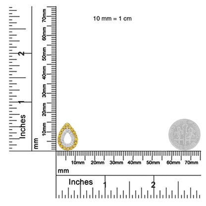 Teardrop-shaped necklace pendant with yellow and white round gemstones in prong settings, shown on a ruler and scale for size reference, viewed from the front.