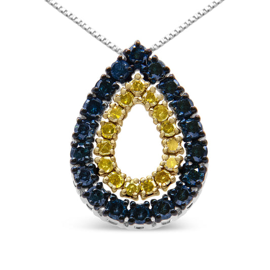 Front view of a yellow metal teardrop-shaped necklace pendant with an inner row of round yellow gemstones and an outer row of round blue gemstones in prong settings.