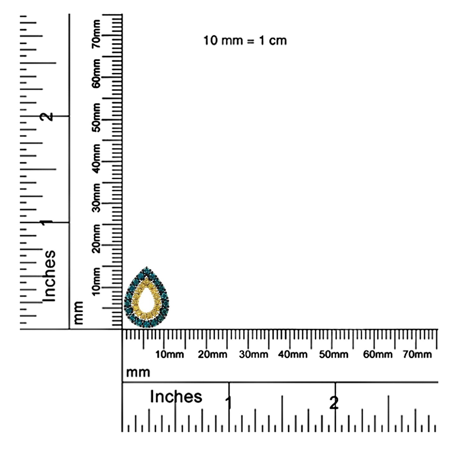 Close-up front view of a yellow metal teardrop-shaped necklace pendant with yellow and blue round prong-set gemstones, displayed on a ruler for size reference.