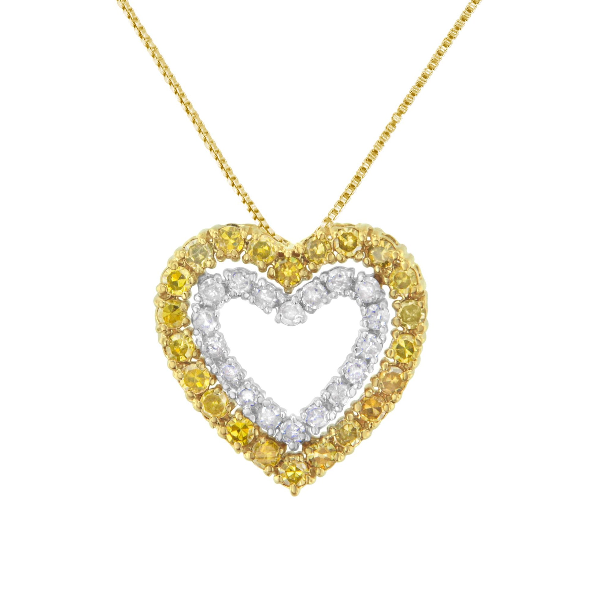 Front-facing shot of a heart-shaped pendant necklace with an outer row of yellow gemstones and an inner row of white gemstones on a yellow and white metal chain.
