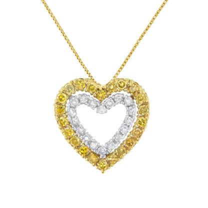 Front-facing shot of a heart-shaped pendant necklace with an outer row of yellow gemstones and an inner row of white gemstones on a yellow and white metal chain.