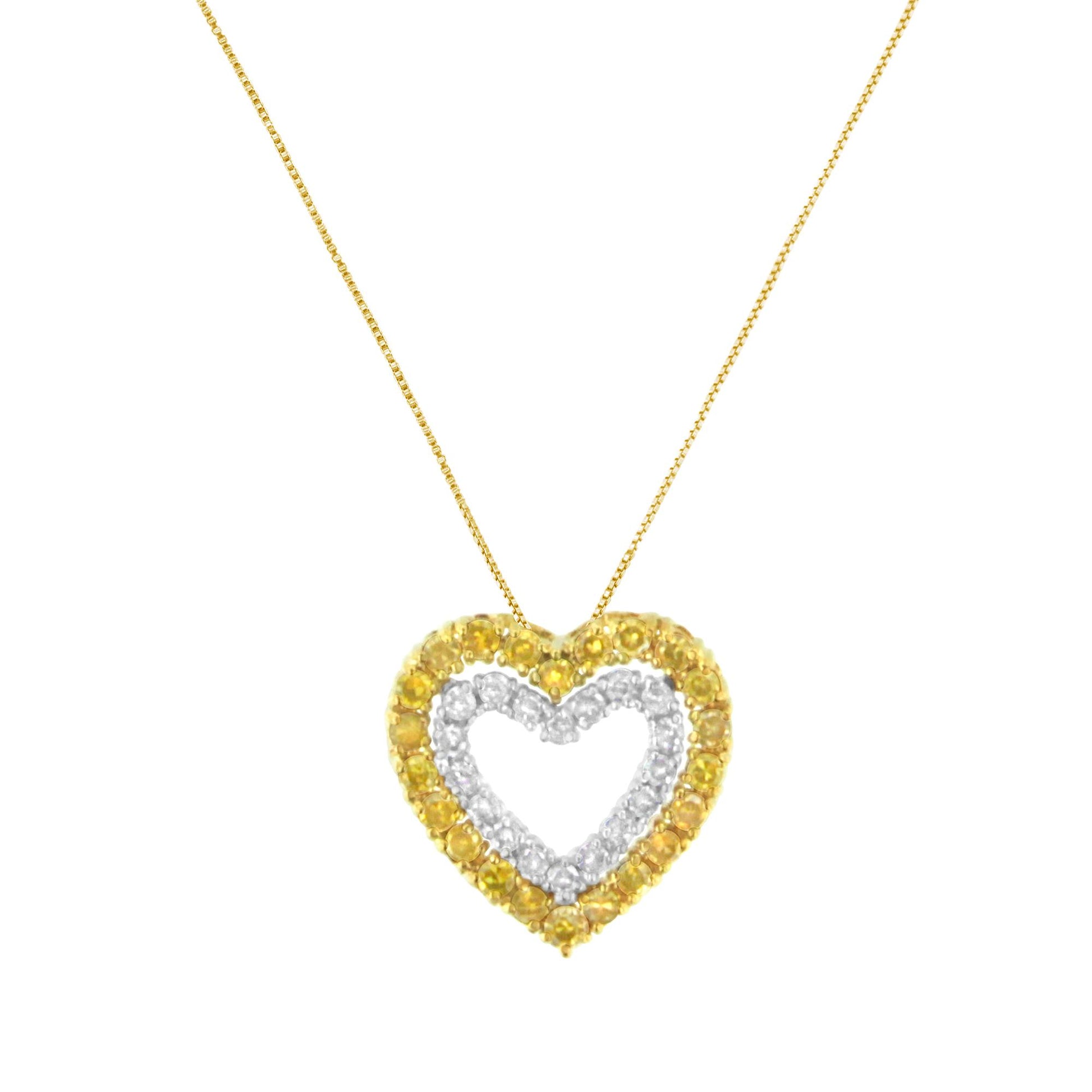 Front-facing close-up of a heart-shaped pendant necklace with two rows of round yellow and white gemstones on a delicate chain.
