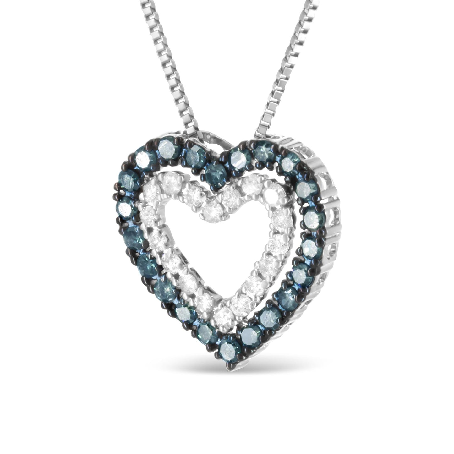 Close-up front angle of a white metal heart-shaped necklace pendant with blue and white round gemstones in prong settings.