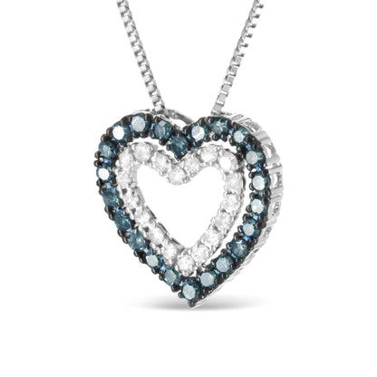 Close-up front angle of a white metal heart-shaped necklace pendant with blue and white round gemstones in prong settings.