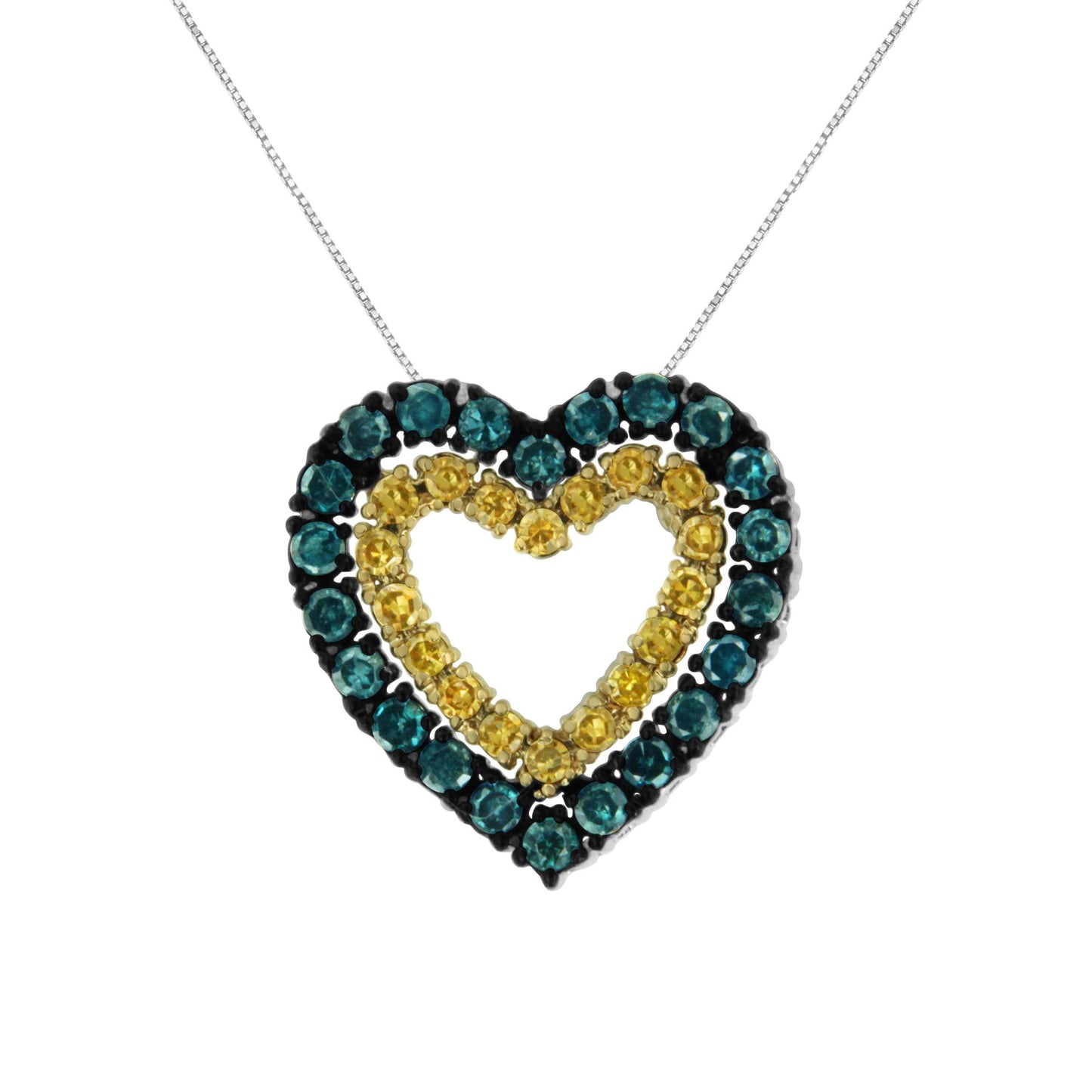 Front-facing close-up of a yellow metal heart-shaped necklace pendant with round blue and yellow gemstones in prong settings.